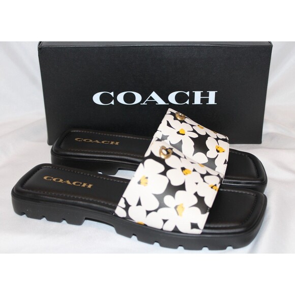 $125 COACH Womens Florence‎ Printed C Lug-Sole Slip-On Slide Flat Sandals Black - Picture 2 of 7